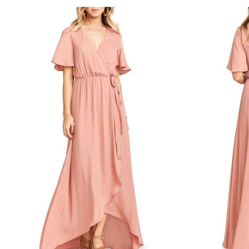 Blush pink high low, evening gown, wrap dress